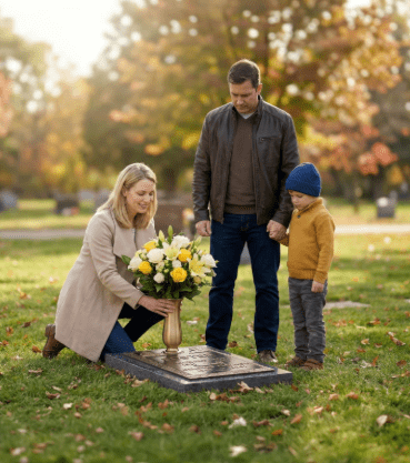 Three people standing and kneeling beside a flat grave marker in a grassy cemetery during autumn, with fallen leaves on the ground and colorful trees in the background