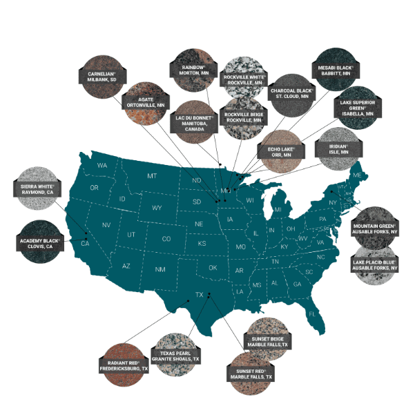 A map of Coldspring quarries showcasing domestic granite extraction. Take a natural stone quarry tour with Coldspring.
